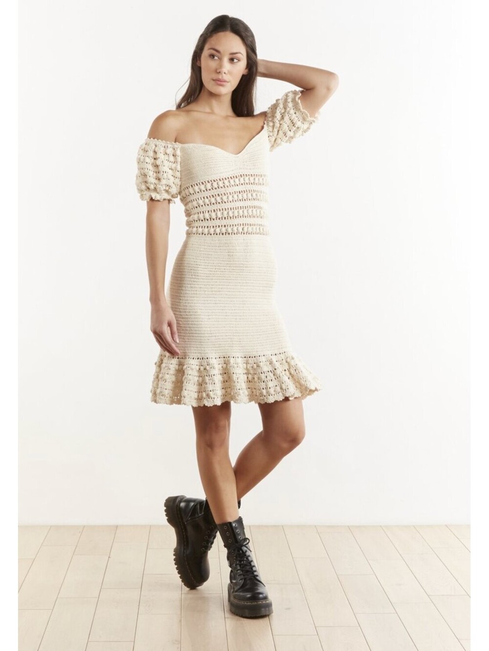 Stella Pardo Angelique Crochet Dress Ecru Cotton Puff Sleeve Mini Size L